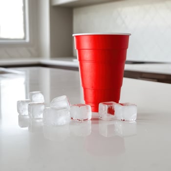 a red plastic cup filled with ice cubes by a wall, photo