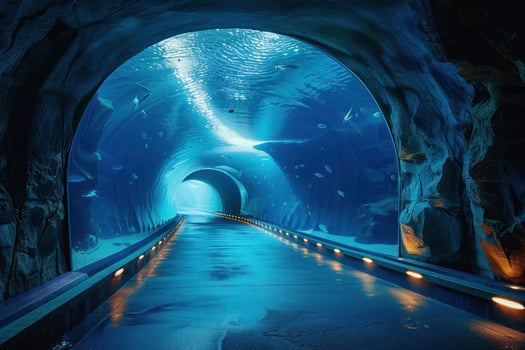 the tunnel within the aquarium has blue water and fish as well, photo