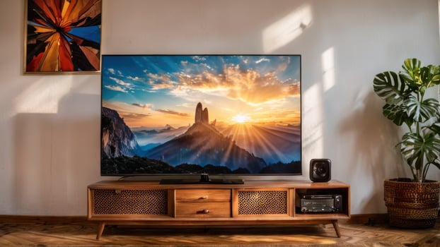 an entertainment center has a television installed on a small stand, photo