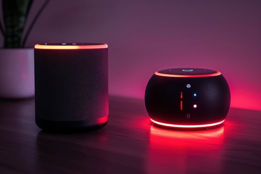 an alexa bluetooth speaker is seen on top of a desk, photo
