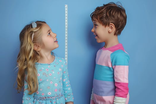 two little kids side by side talking up to each other, photo