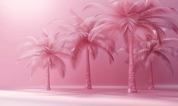 three palm trees in the background are pink - toned, photo