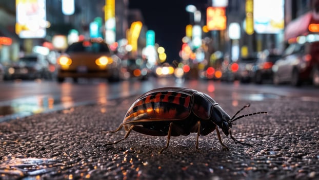 bug laying on the ground in street next to cars, photo