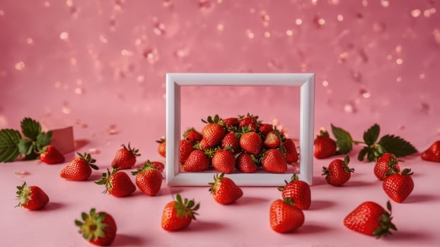 a white framed photo with strawberries scattered around,