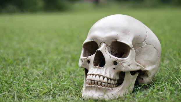 a fake human skull laying in the grass, photo