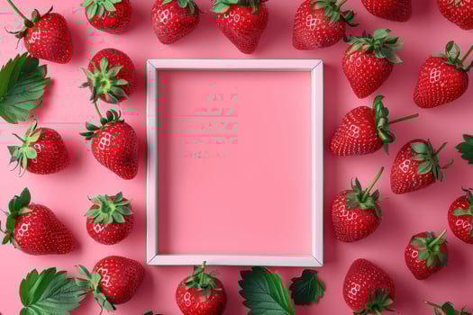 frame on the bottom with lots of strawberry's on top and green leaves surrounding, photo