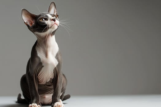 A Sphynx cat ,highlights the cat's unique hairless skin, muscular build, and expressive features photo