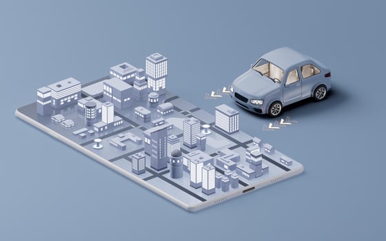 Automobile car and city street on the cell phone, 3d rendering. photo