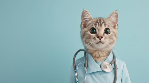 Portrait photography of a cute cat little professional, smiling cute cat little Nurse Practitioner with a stethoscope, , on plain pastel Pale Blue color background, editorial style photo