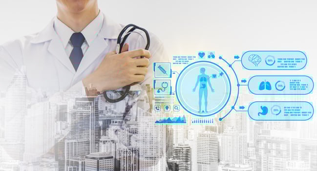 Doctor standing outdoors with cityshows digital healthcare and medical equipment icons, Brain Analysis, DNA, medical technology and futuristic concept, The concept of treatment from disease photo