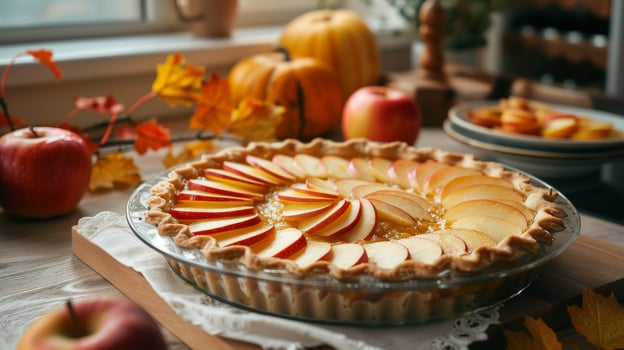 Apple pie in cozy kitchen, autumn decorations, pumpkins. Fall season, harvest time, baking desserts photo