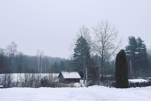 Beautiful winter landscape with trees in snow and old wooden bathhouse building. photo