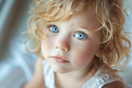 Portrait of adorable blonde baby girl with big blue eyes looking up photo