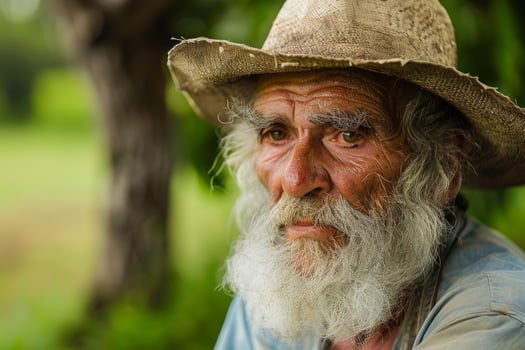 Wise old man with weathered features and hat outdoors photo