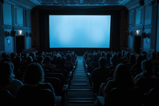 A captivated audience fills a dimly lit theater, eagerly awaiting the start of an engaging performance as shadows dance in the soft light. photo