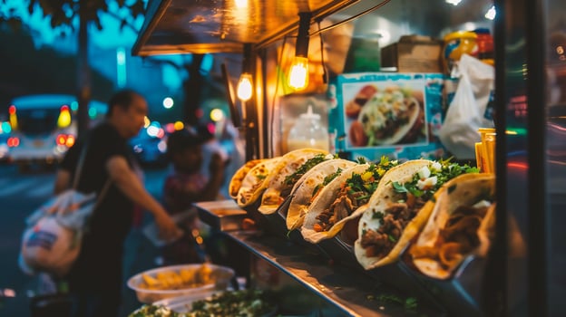 Tacos on a street food stall at night photo