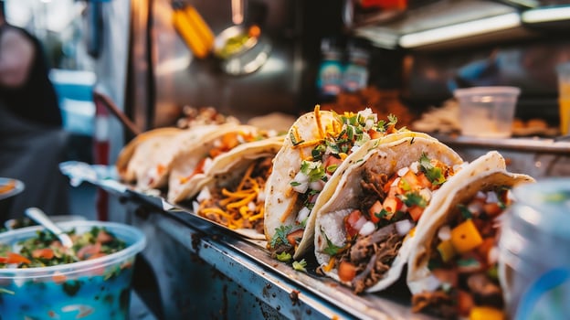 Tacos on a street food stall at night photo