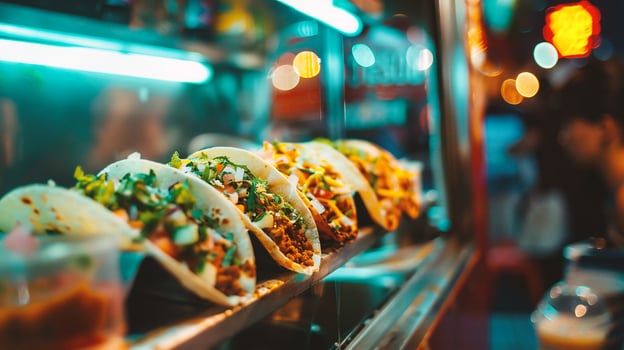 Tacos on a street food stall at night photo