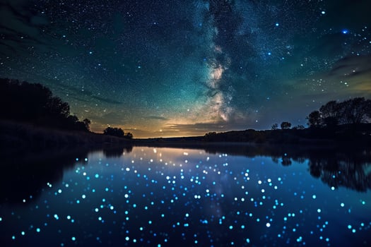 Starry Sky Over Calm Pond. Night Sky Background. Celestial Scene photo