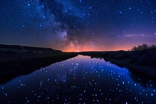 Starry Sky Over Quiet River. Nature Background photo