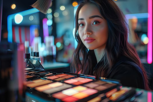 female consultant stands in front of a counter with cosmetics in a shopping center photo