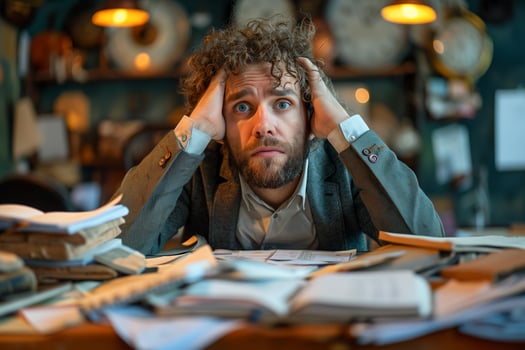 Upset and tired male employee at work in the office who is worried about unfinished reports photo