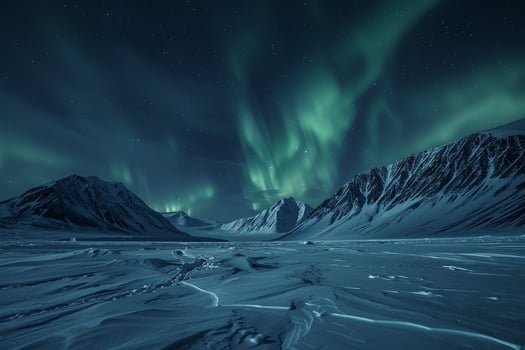 Northern lights dancing over snowy mountains background nature photo