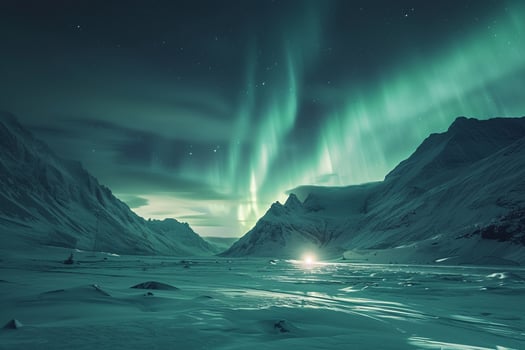 Northern lights dancing over snowy mountains background nature photo