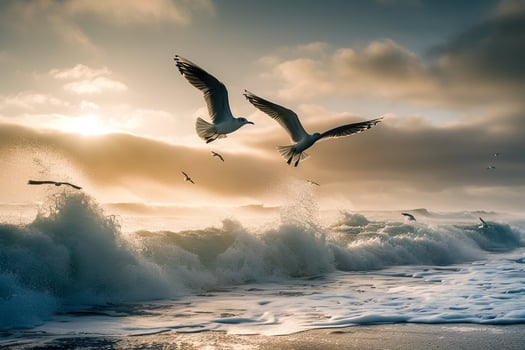 Seagulls Flying Over Crashing Waves in Nature Background photo