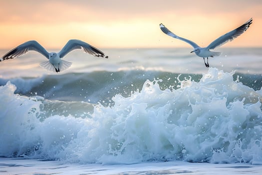 Seagulls Flying Over Crashing Waves in Nature Background photo