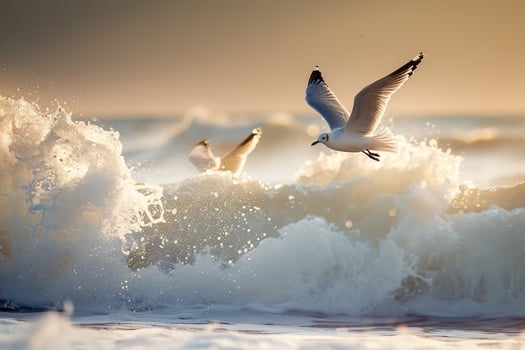 Seagulls Flying Over Crashing Waves in Nature Background photo