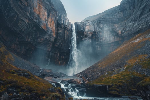 A Massive Waterfall Thundering Down Cliffs into a Turbulent River Below Nature Background photo