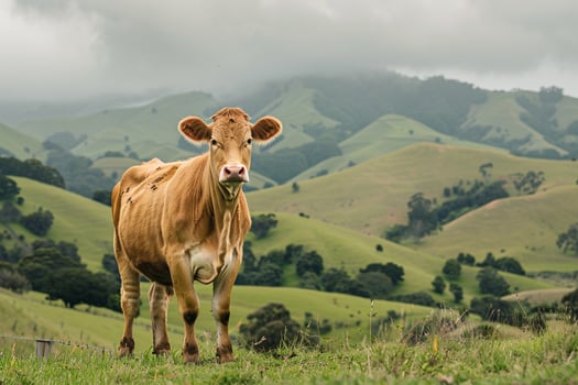 Cow standing peacefully in a green pasture with rolling hills creating a calm background. Nature Background photo