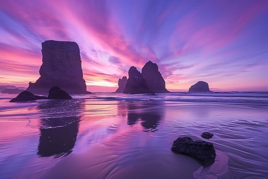 Surreal rock formations on a beach at sunset with  colors in the sky and water. Nature Background photo