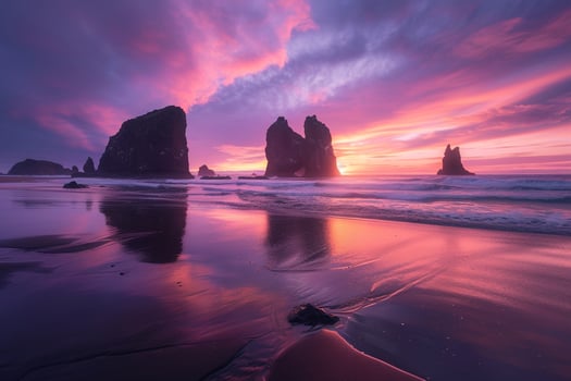 Beach with surreal rock formations and a  sunset sky reflecting on the tranquil water. Nature Background photo