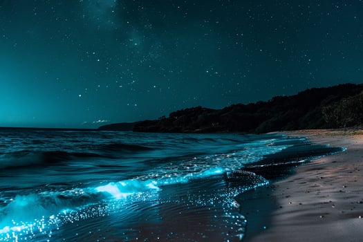 Beach at night with bioluminescent plankton creating a glowing effect on the waves under a starry sky. Nature Background photo
