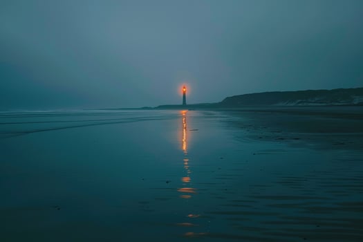 Tranquil beach at twilight with pastel hues reflecting in the water and a distant lighthouse glowing softly. Nature Background photo