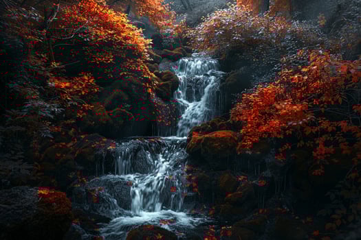 Waterfall flowing over mossy rocks with  red and orange maple trees surrounding it in an autumn Nature beauty. Nature Background photo