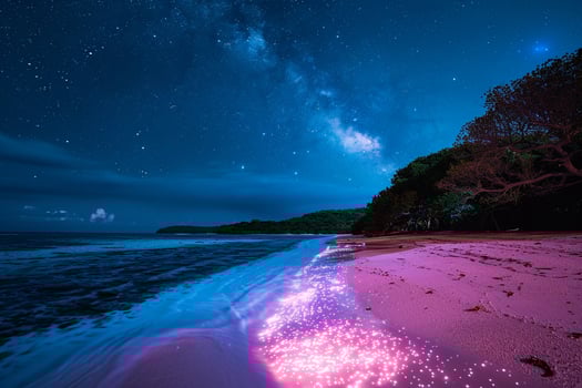 beach with pink sand glowing under a starry night sky with bioluminescent plankton lighting up the water. Nature Background photo