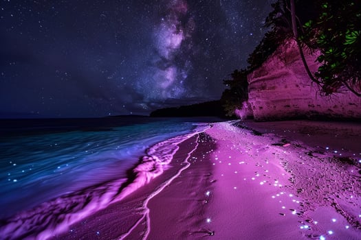 stunning beach Nature beauty featuring pink sand glowing under a starry night sky with bioluminescent plankton illuminating the water in a magical display. Nature Background photo