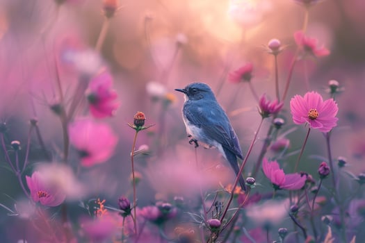 Bluebird in Garden with Cosmos and Nature Background photo