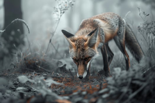 Fox Hunting in a Misty Forest Clearing with Nature Background photo