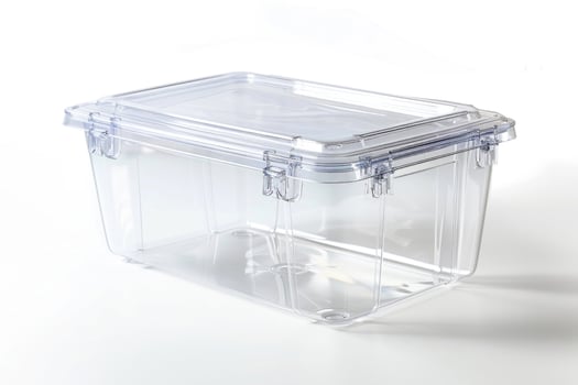 Clear plastic storage container on a white background. photo