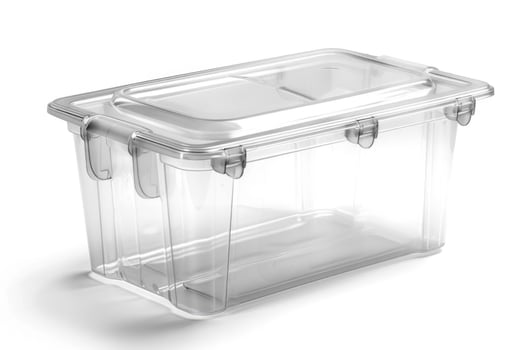 Clear plastic storage container on a white background. photo
