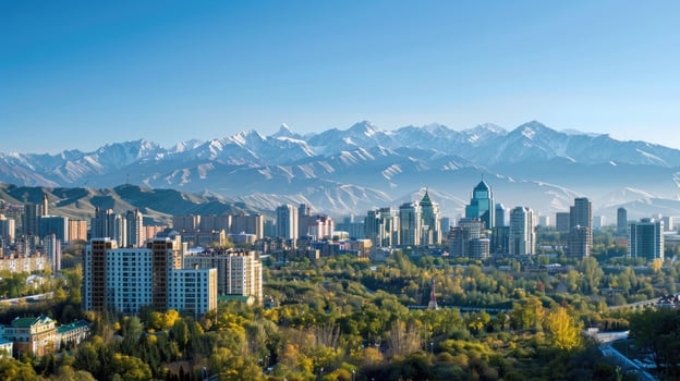 A panoramic view of Almaty's skyline with the majestic mountains in the background. photo