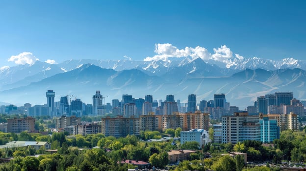 A panoramic view of Almaty's skyline with the majestic mountains in the background. photo