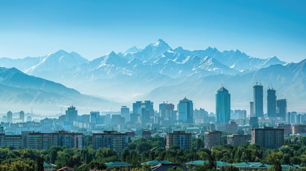 A panoramic view of Almaty's skyline with the majestic mountains in the background. photo