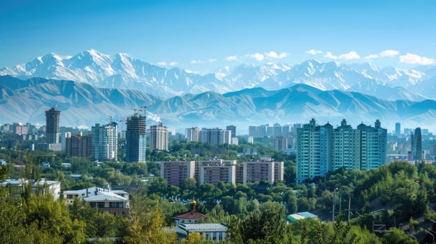 A panoramic view of Almaty's skyline with the majestic mountains in the background. photo