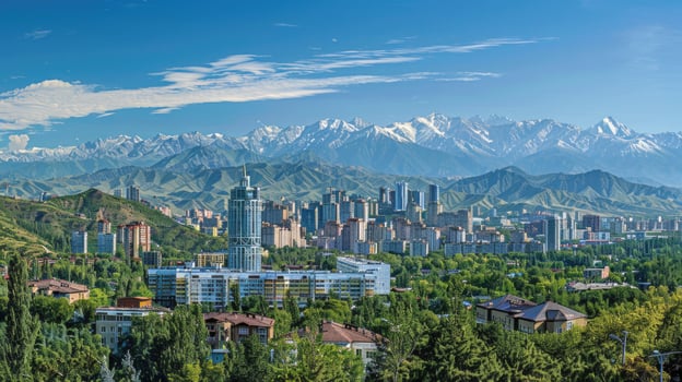 A panoramic view of Almaty's skyline with the majestic mountains in the background. photo