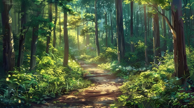 A sunlit forest path surrounded by lush green foliage in summer. photo